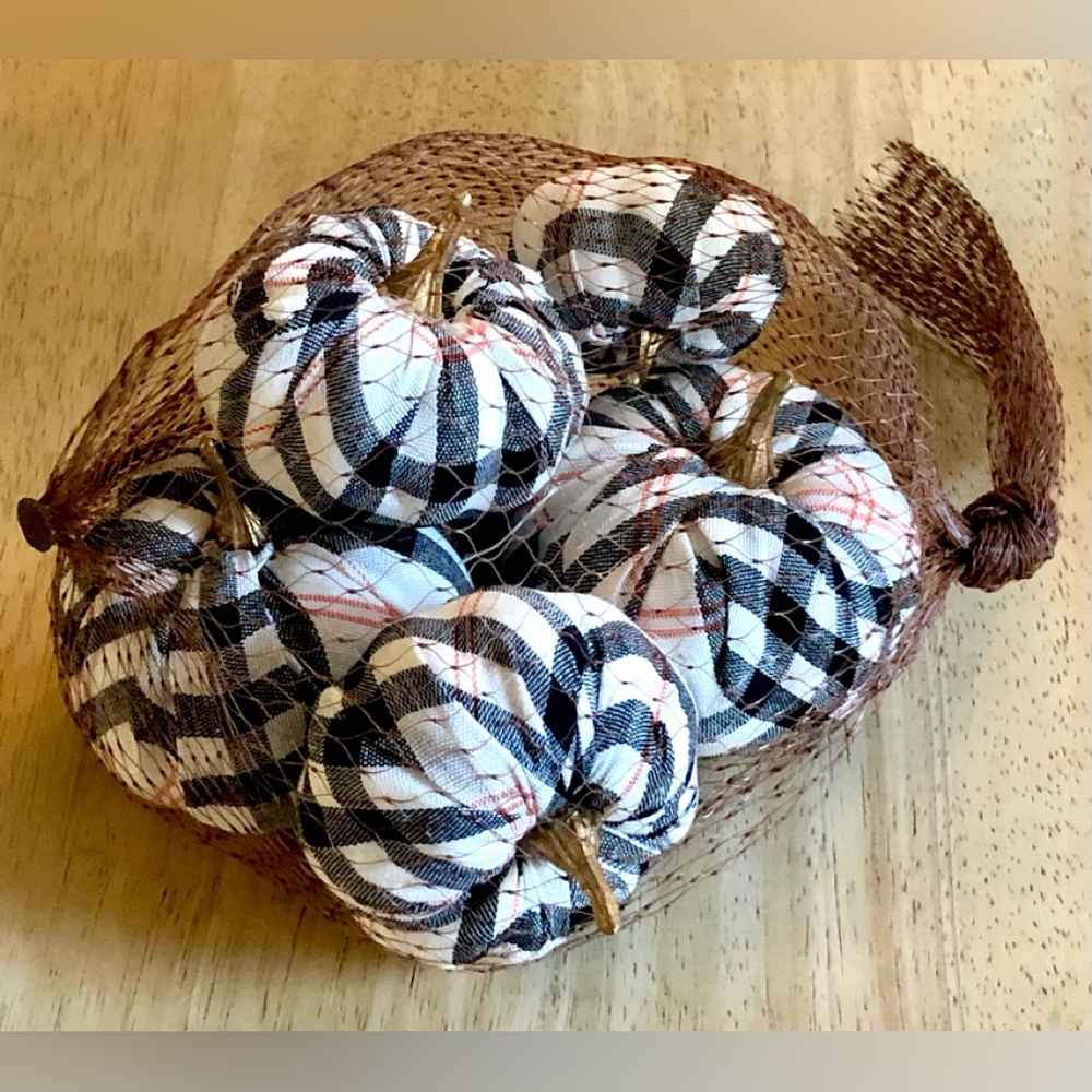 Fall Farmhouse Black White Orange Plaid Fabric Covered Mini Pumpkin Bundle NWOT